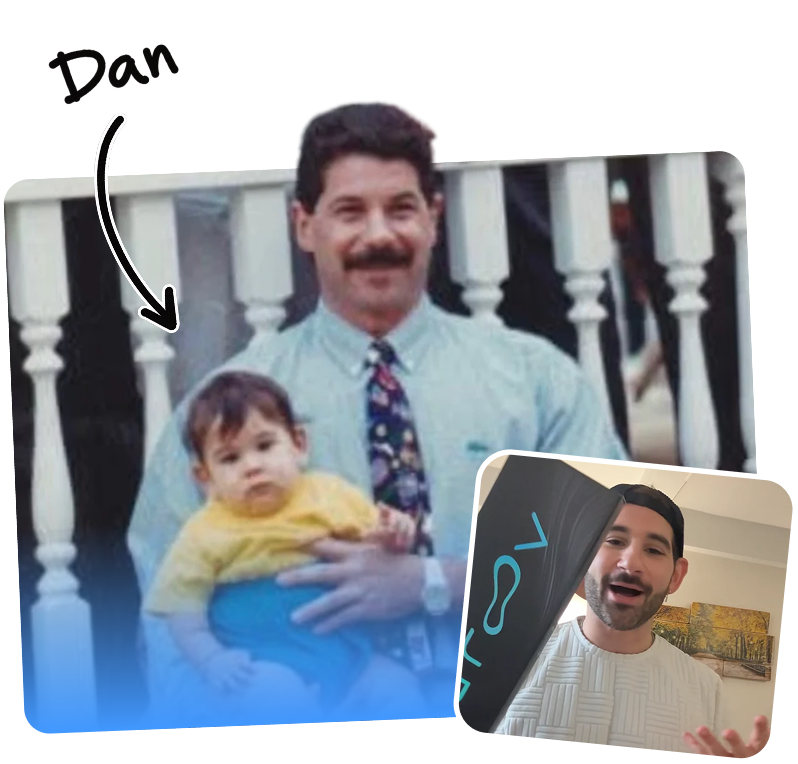 Dan Cataldi as a child with his father, alongside Dan holding his Groov insoles.