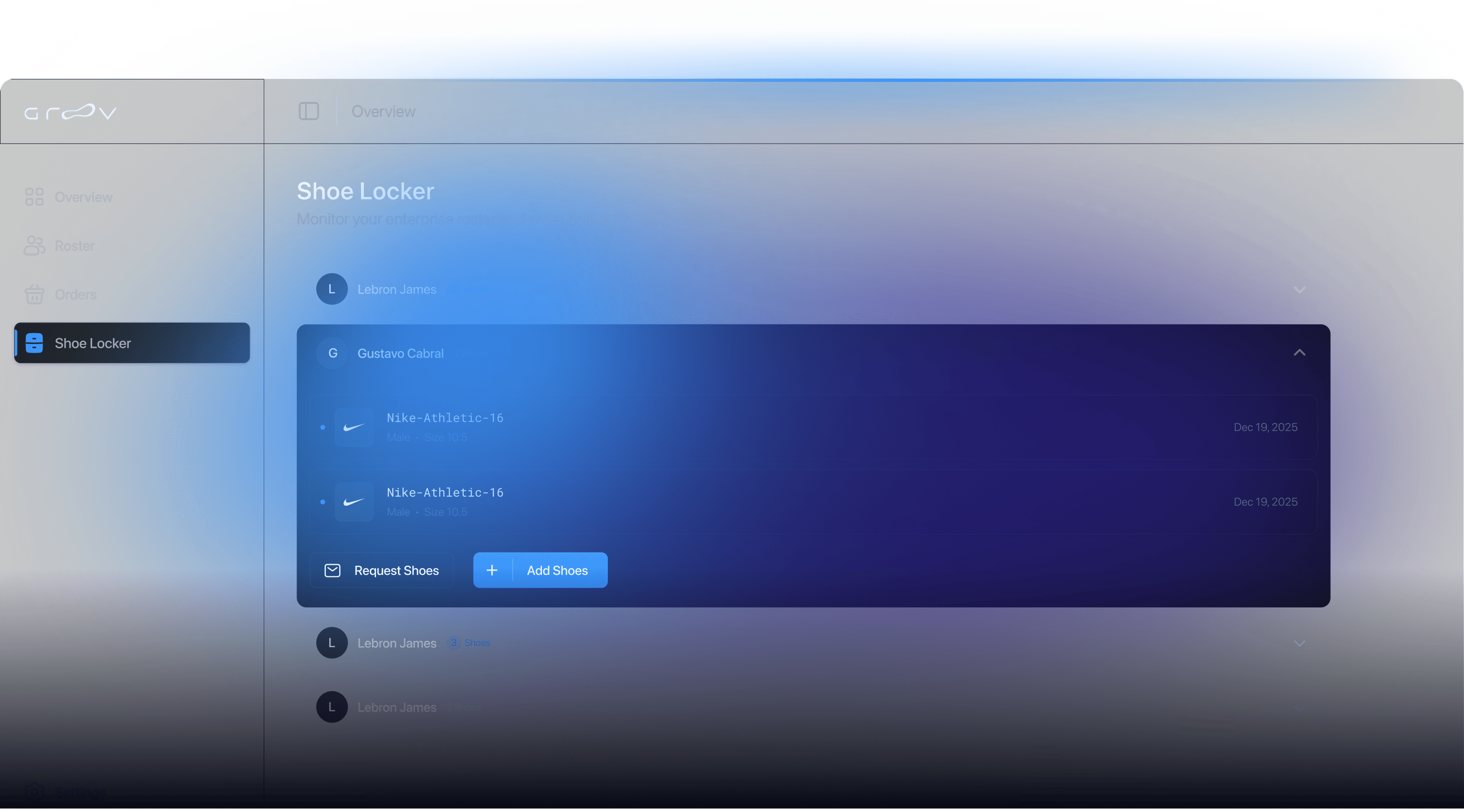 Groov Teams dashboard showing Shoe Locker roster and order activity