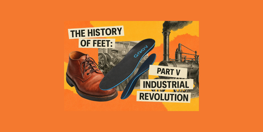 Industrial Revolution shoes introduced left/right fit and rubber soles, shifting from crude forms to comfort. Groov insoles extend this legacy with AI-powered personalization