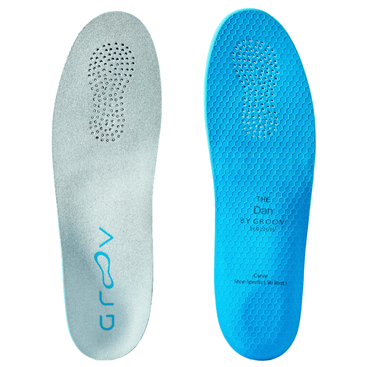 The Carve, by Groov: custom ski boot insole, top and bottom views
