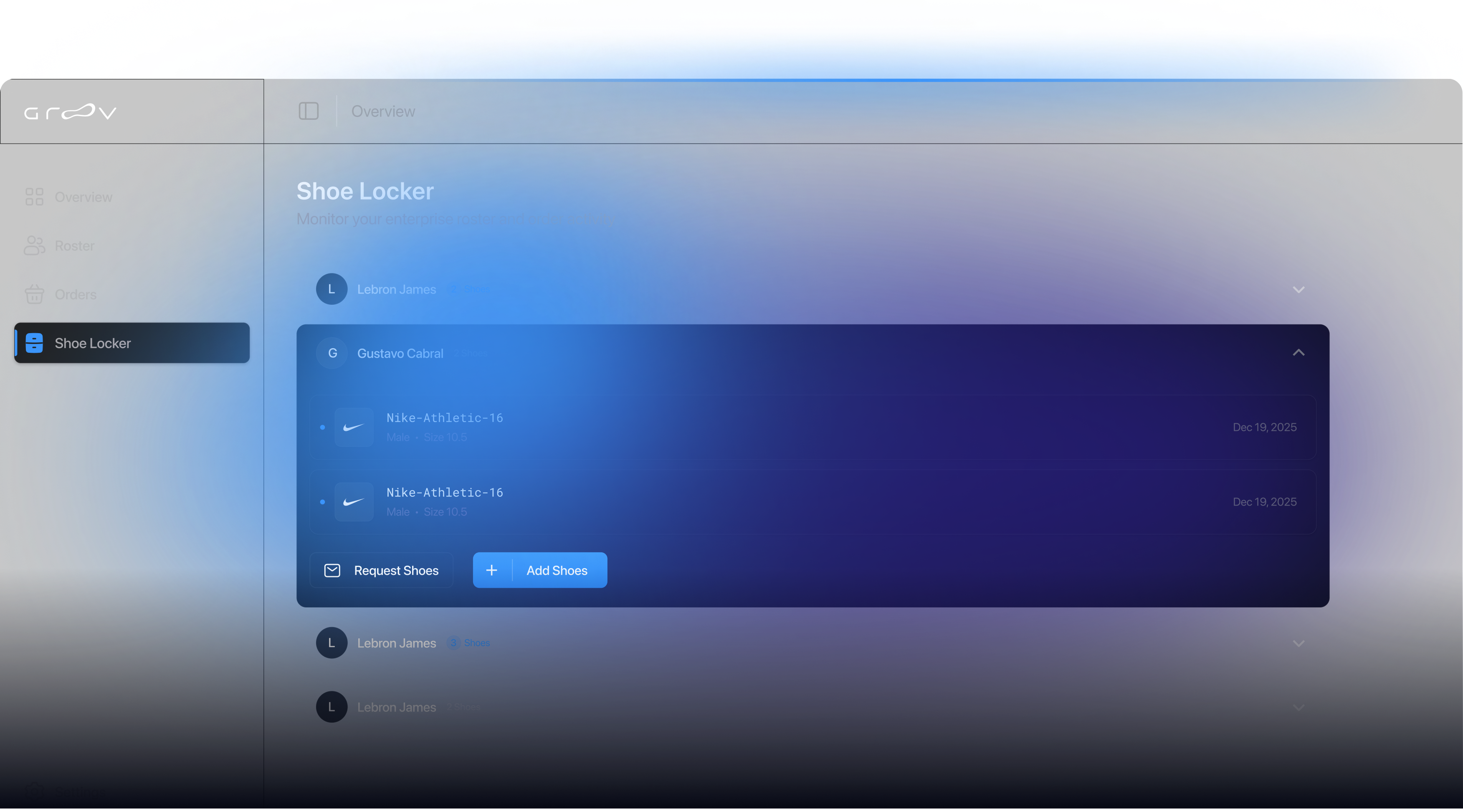 Groov Teams dashboard showing Shoe Locker roster and order activity