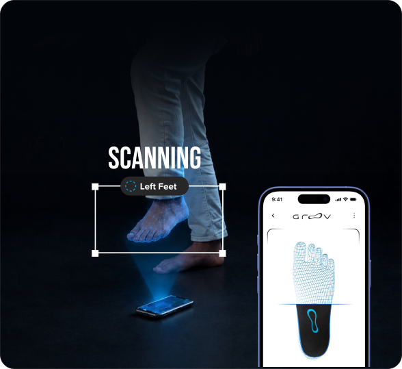 An iPhone scanning a foot while held in one hand.