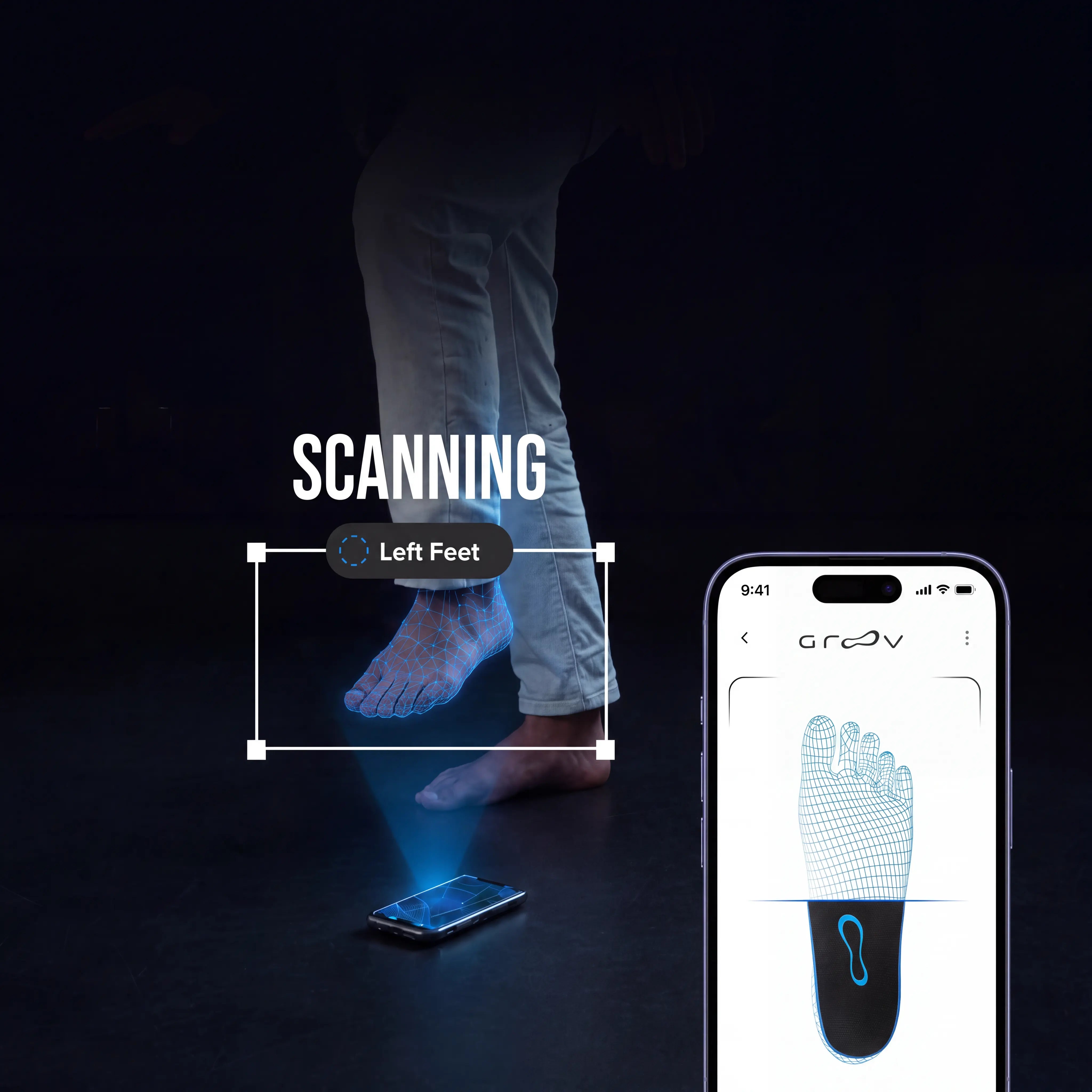 An iPhone scanning a foot while held in one hand.